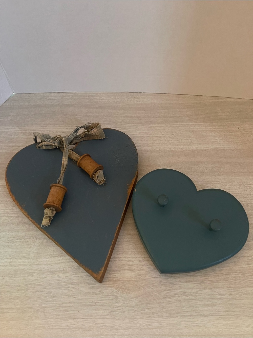 Set of 2 Handmade Vintage Wooden Hearts Wall Hanging Decor Blue Country Retro